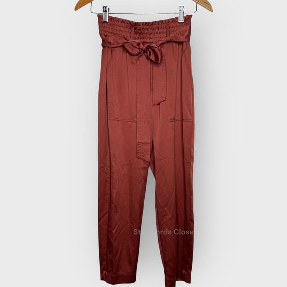 Abercrombie S Burnt Red Satin Paper Bag Pants High Rise Smocked Belted Trousers - Picture 2 of 8